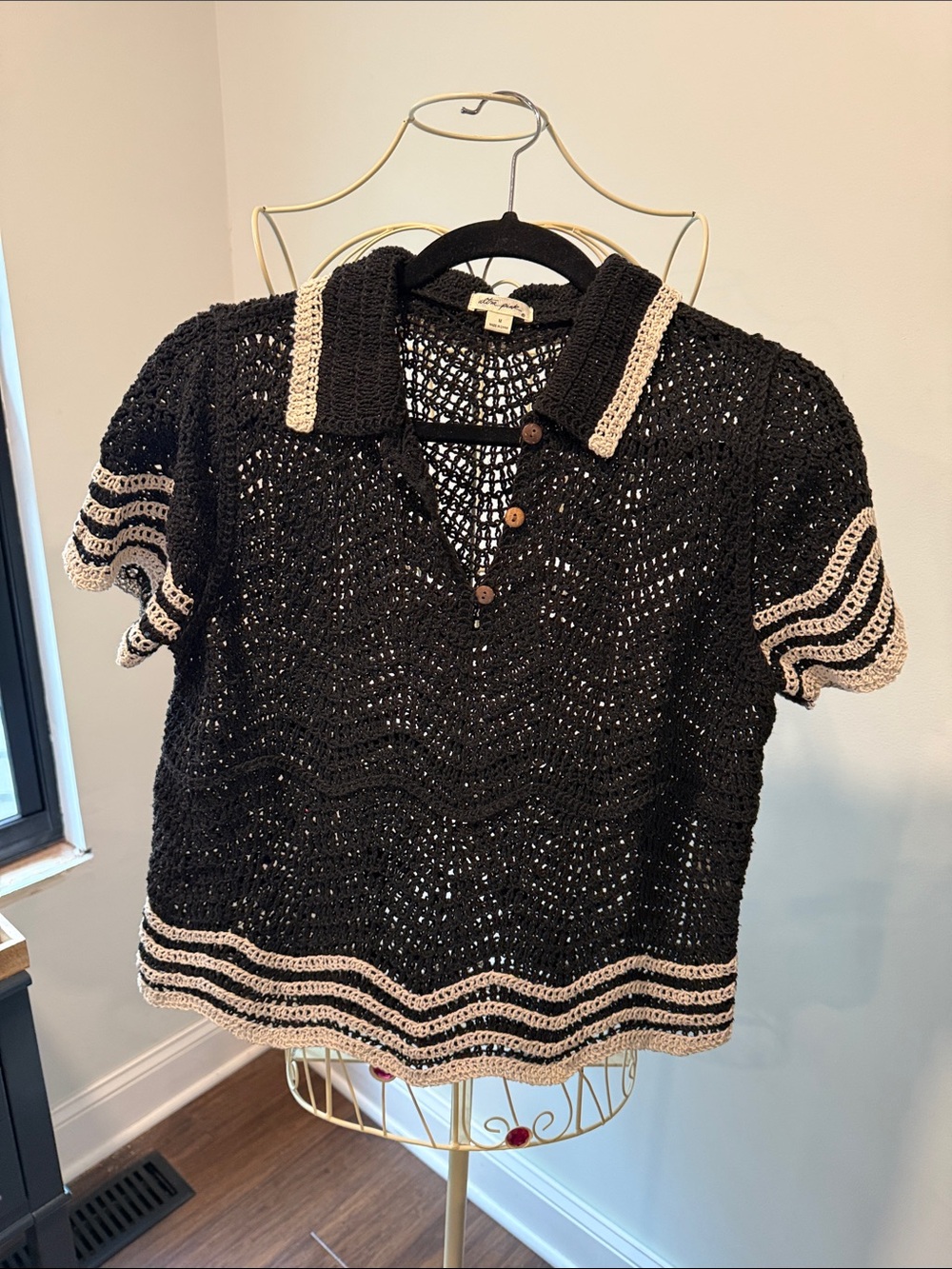 Ultra Pink Black Crochet Polo Top with Cream Trim
